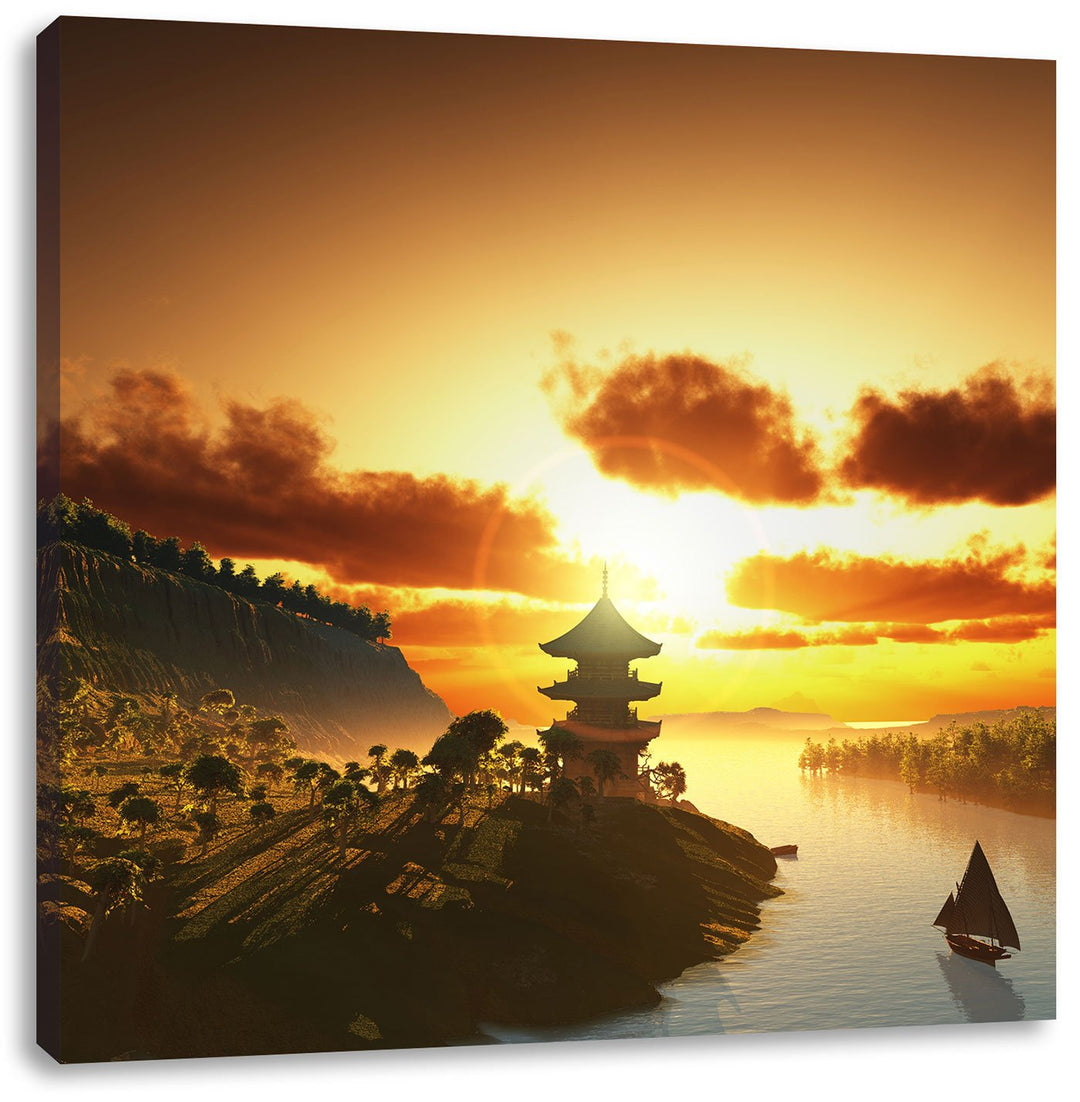 Chinesisches Haus am See, Format: 70x70 auf Leinwand, XXL riesige Bilder fertig gerahmt mit Keilrahm