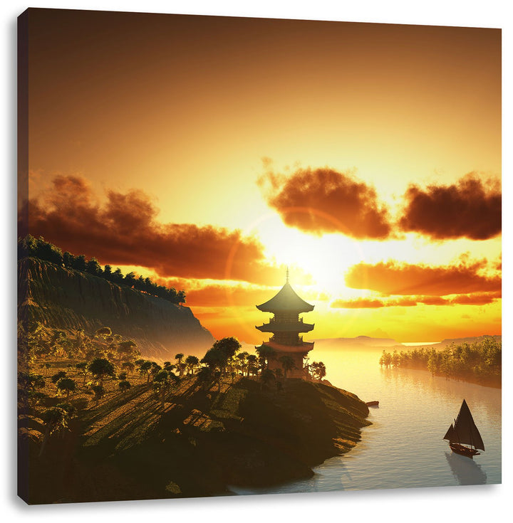 Chinesisches Haus am See, Format: 70x70 auf Leinwand, XXL riesige Bilder fertig gerahmt mit Keilrahm