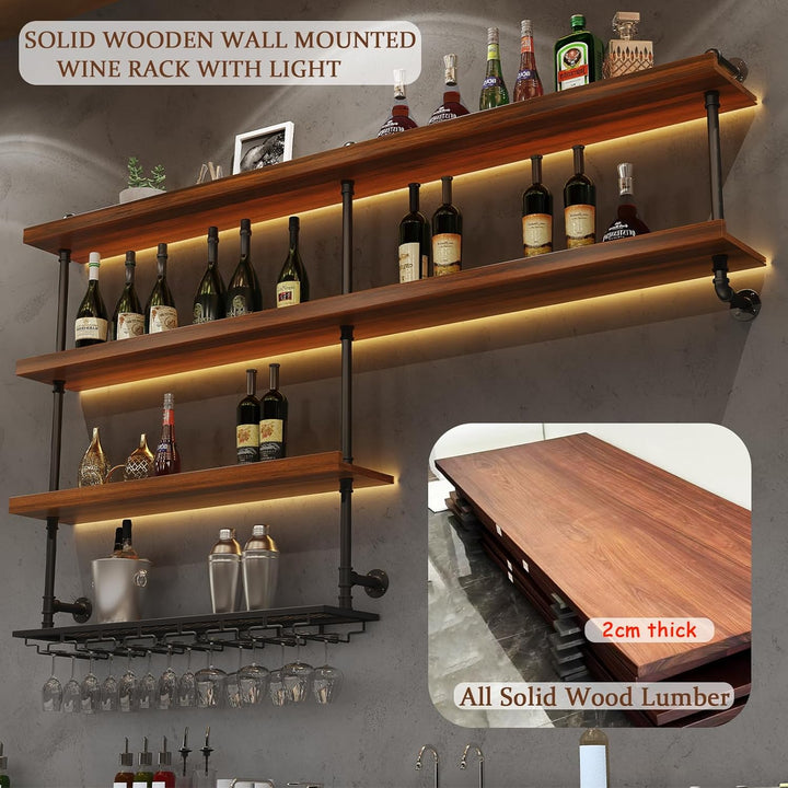 80cm Weinregal Zur Wandmontage mit Wein Glashalter, Massivholz Wandmontierte Weinregal mit LED-Licht