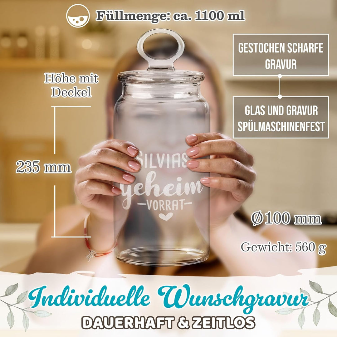 Print Royal PR Personalisierte Keksdose aus Glas mit Gravur - 1100 ml - Geheim-Vorrat mit Name selbs