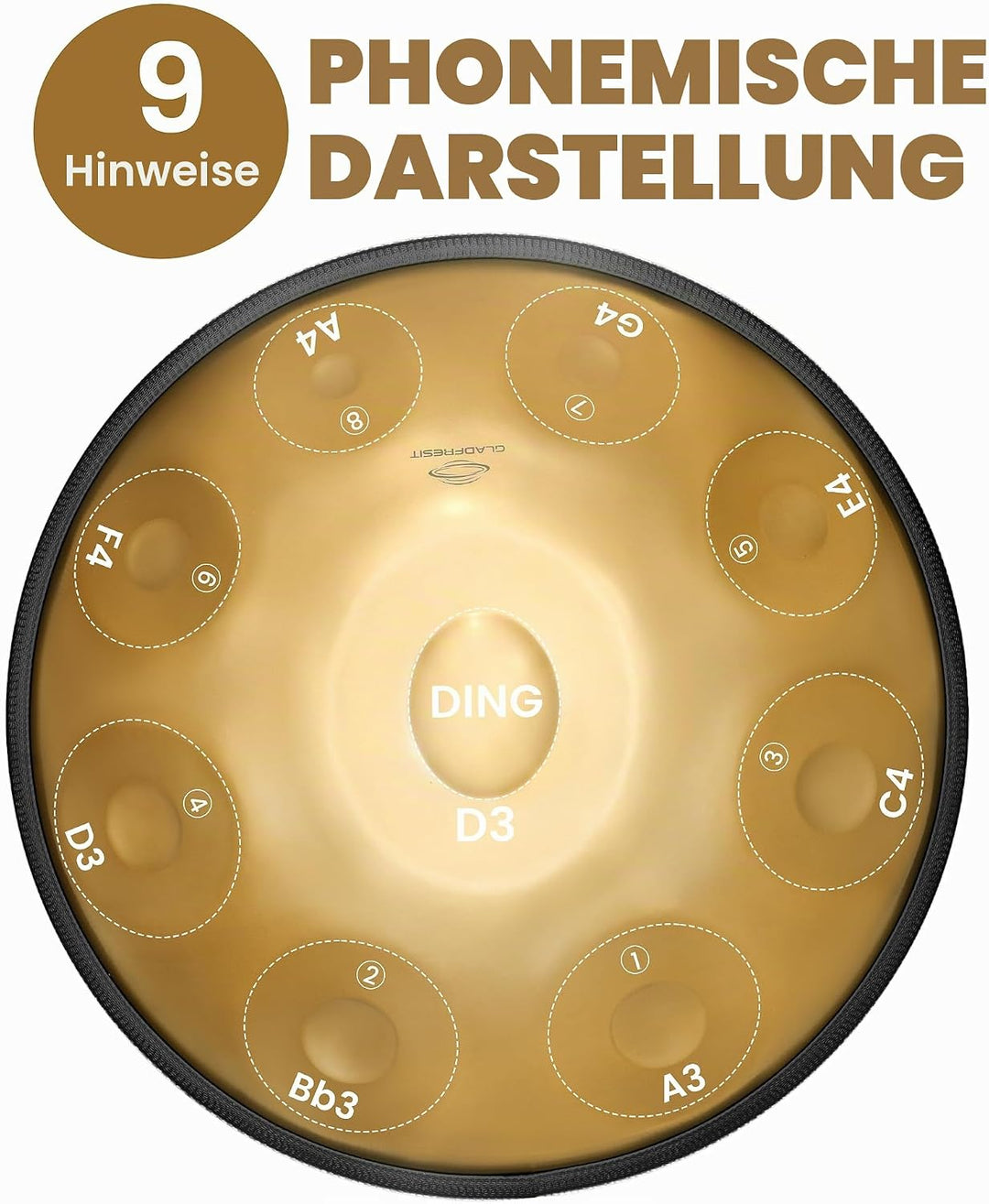 GLADFRESIT 432hz Handpan Steel Drum 9 Notes 22inch "GOLD Performer" in D Minor with handpan stand, h