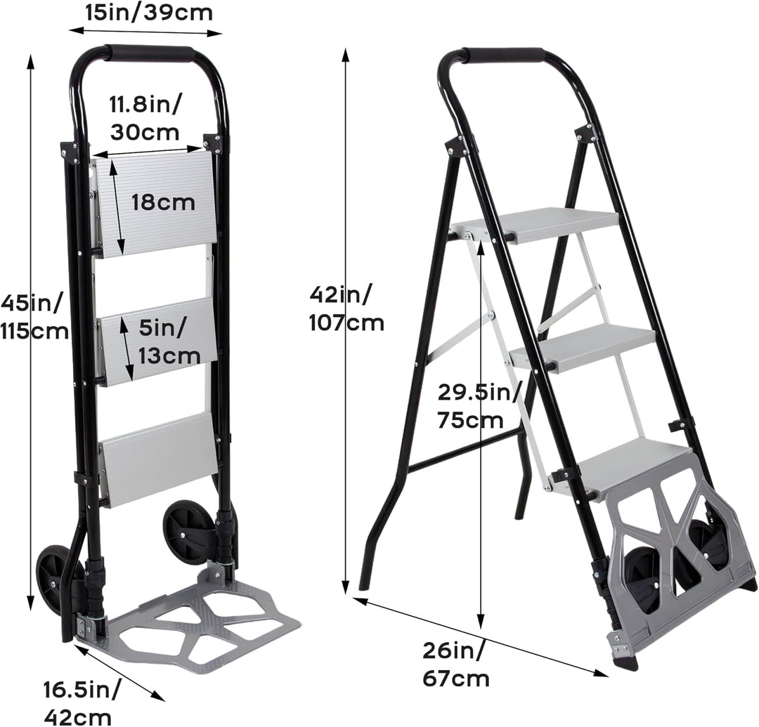 2-in-1 Klappbarer Sackkarren & 3-stufige Leiter, 3-stufige Klappbare Stahlleiter, Umwandlungsfähiger