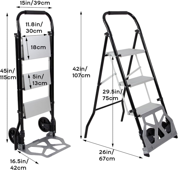 2-in-1 Klappbarer Sackkarren & 3-stufige Leiter, 3-stufige Klappbare Stahlleiter, Umwandlungsfähiger