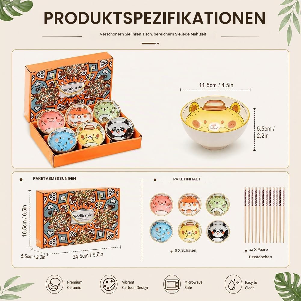 DASIAUTOEM 6er Müslischalen aus Porzellan, Japanisches Bunt Cartoon Design, Dessertschalen für Kinde
