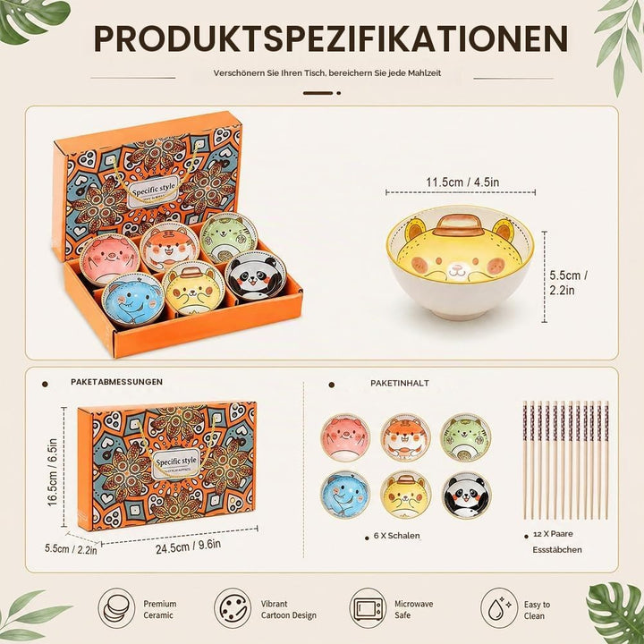 DASIAUTOEM 6er Müslischalen aus Porzellan, Japanisches Bunt Cartoon Design, Dessertschalen für Kinde