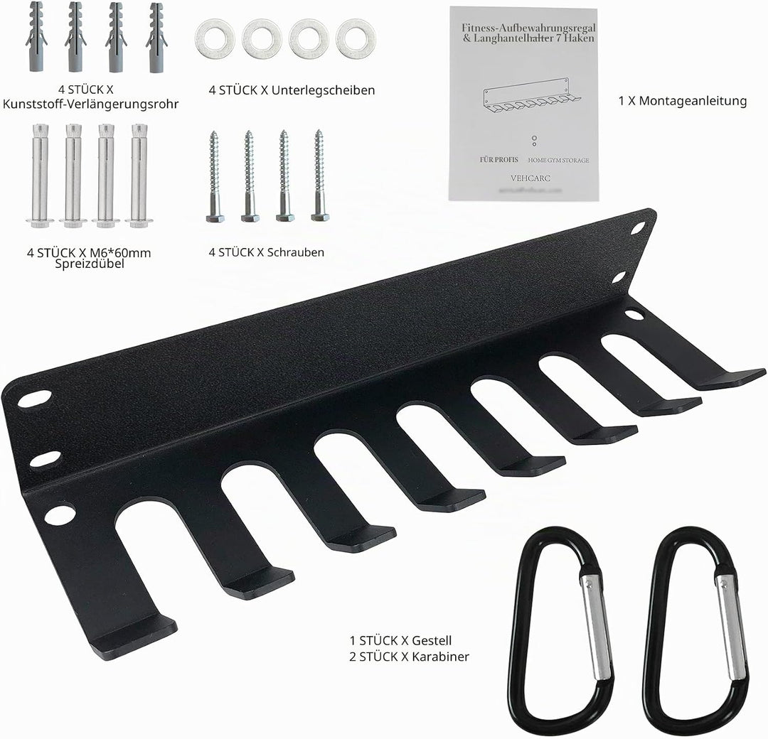 Gym Rack Organizer, Heavy Duty Langhantel-Aufbewahrung, 7 Platz Wandhalterung, Olympische Langhantel