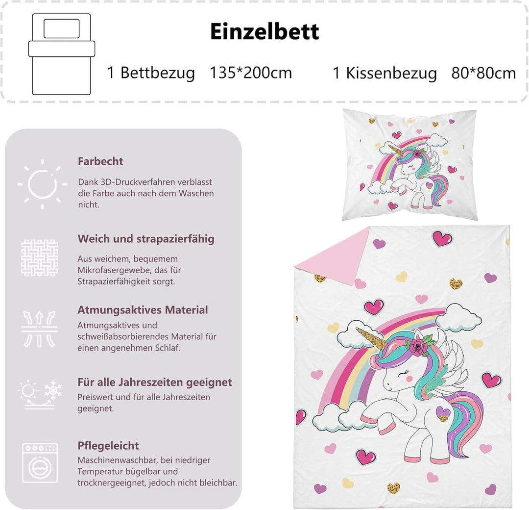 DJDEA Cartoon Bettwäsche 135 x 200 cm Kinder Weich Mikrofaser, Regenbogen Einhorn Motiv Bettwäsche-S