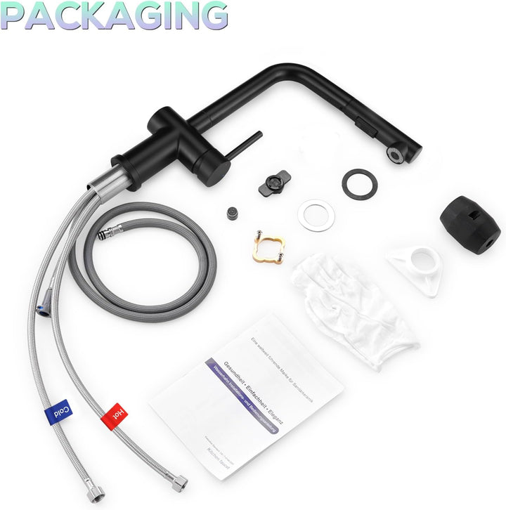 Küchenarmatur mit Brause Ausziehbar, Hochdruck Wasserhahn Küche Schwarz mit Zwei Wasserstrahlarten,