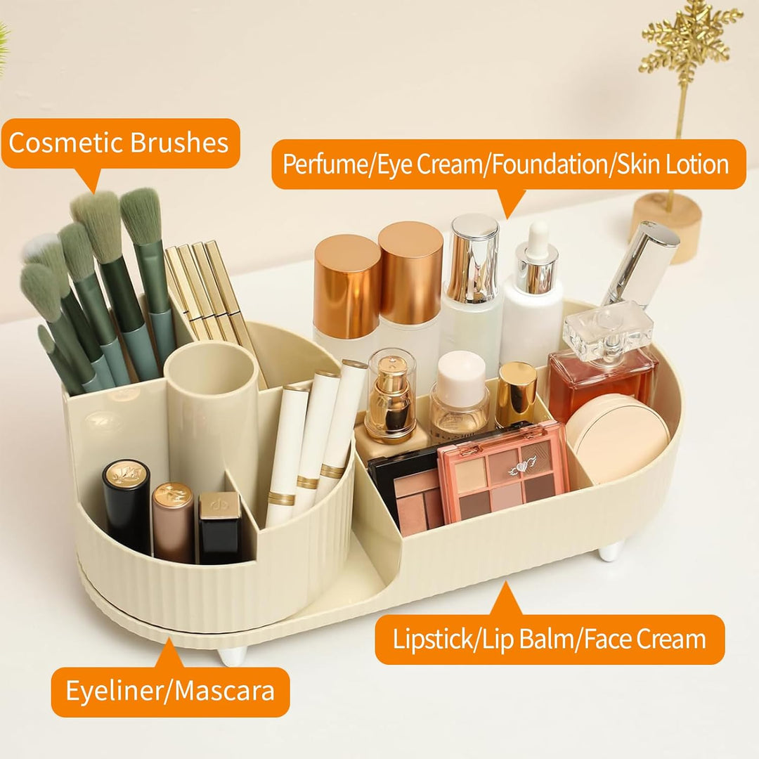 360°Drehbarer Cremefarbe Kosmetik Organizer mit Fach 2 in 1,Hohe Kapazität Skincare Organizer, Aufbe
