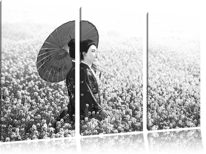 Pixxprint Geisha auf dem Feld Kunst B&amp;W / 3-Teilig/Gesamtmass 120cm Leinwandbild bespannt auf Holzra