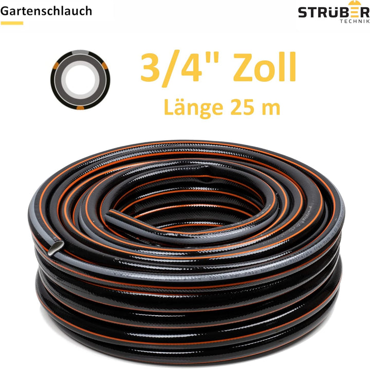 STRÜBER Gartenschlauch 4-lagig (3/4" Zoll – 25 m Länge) CARBON Bewässerungsschlauch mit Kreuzgewebe