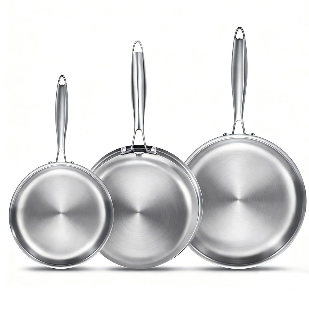 Pfannenset 3-teilig Unbeschichtet 20/26/28 cm – Durchgehend 3-lagige Edelstahlpfanne – Induktionsgee