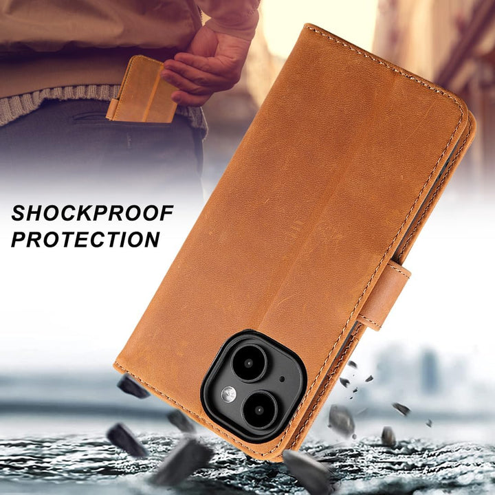 LENSUN Echtleder Hülle für iPhone 15, Handyhülle [Echtes Leder][Kartenfach][RFID Schutz] Handytasche