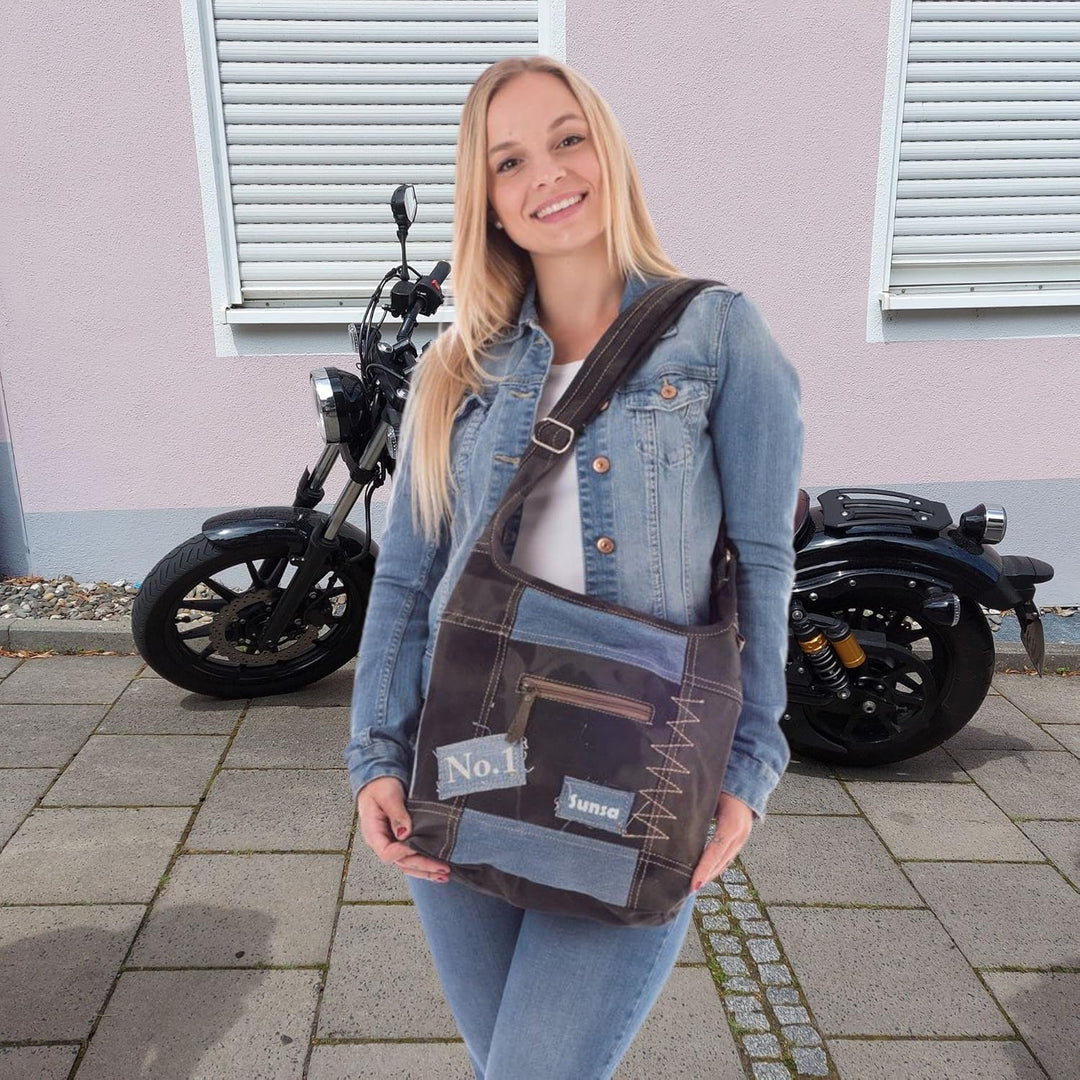 Sunsa Damen Umhängetasche aus Recycelte Jeans Canvas & Leder. Hobo Tasche schwarz/blau
