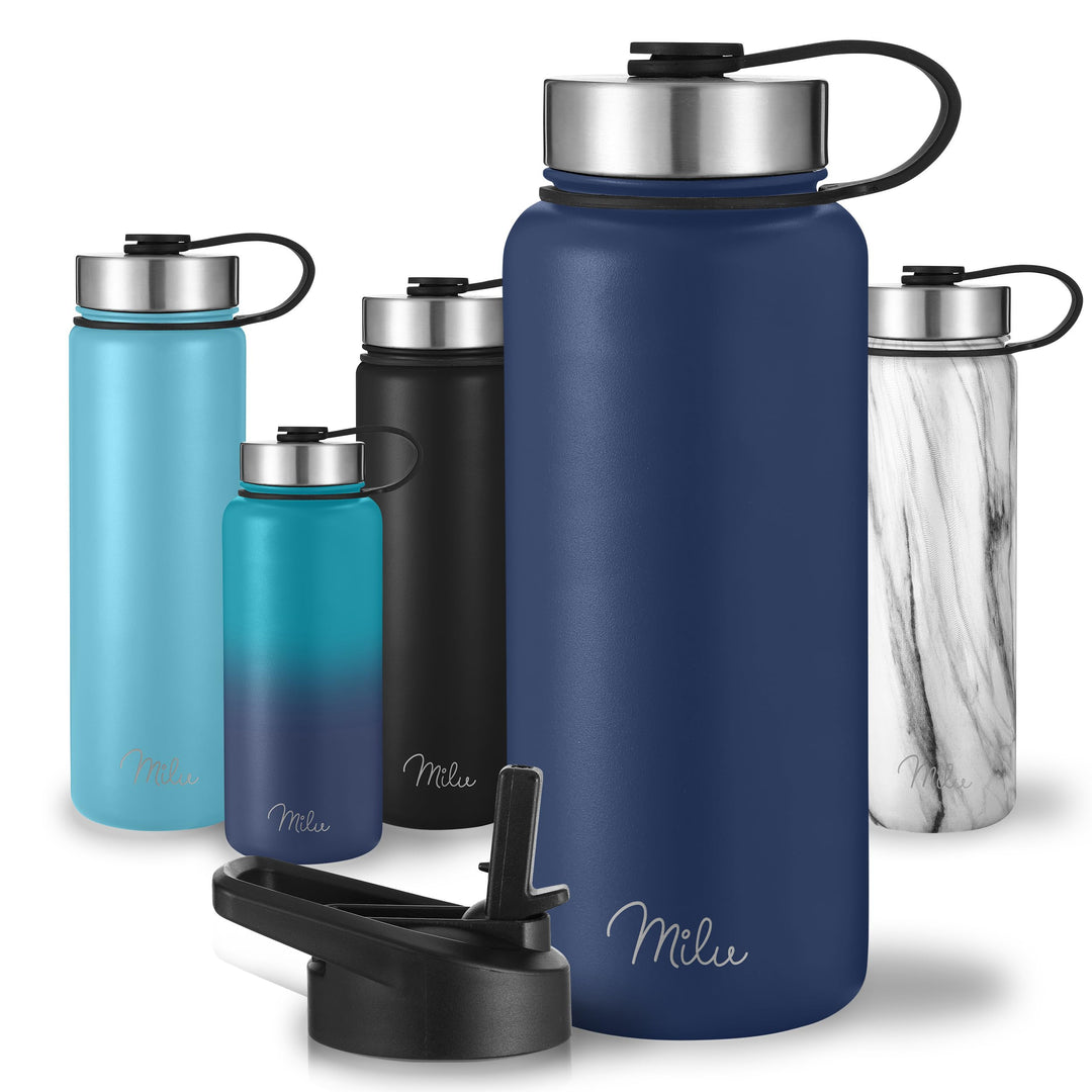Milu Edelstahl Trinkflasche 500ml 750ml 1000ml (+3 Deckel) - Thermosflasche mit Strohhalm, Isolierte