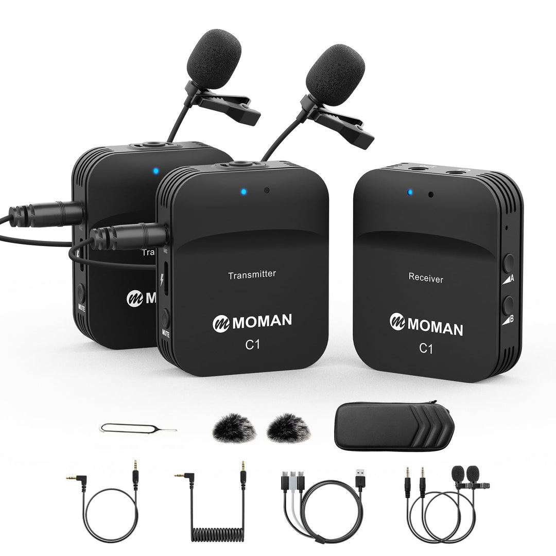 Moman Lavalier Mikrofon Wireless, C1X Ansteckmikrofon Kabellos System bis zu 50m für DSLR Kamera Cam