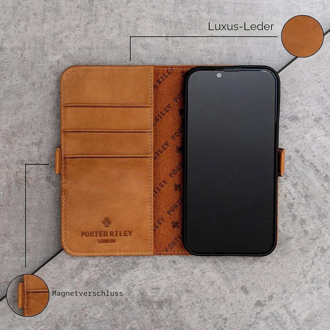 Porter Riley - Lederhülle kompatibel mit iPhone 15. Premium Echtleder Standhülle/Ledertasche/Briefta