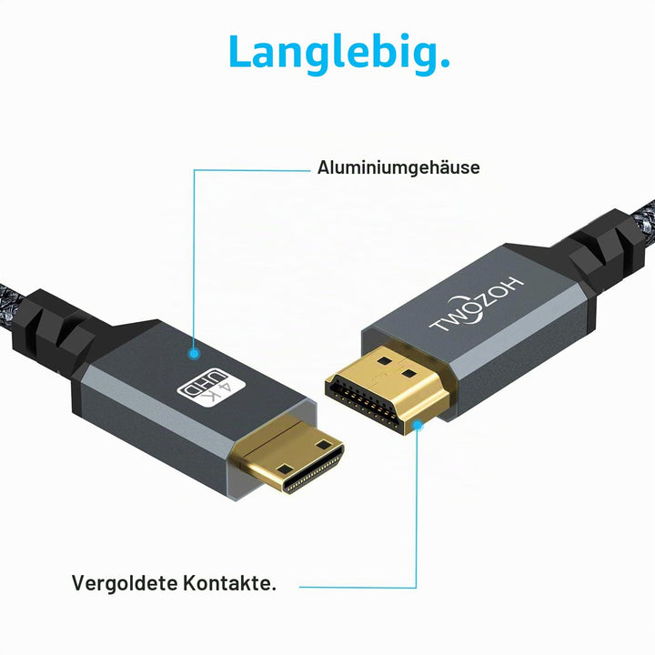 Twozoh Mini HDMI auf HDMI Kabel 2M 2 Stück, Nylon Geflochten HDMI auf Mini HDMI Unterstützt 3D/4K@60