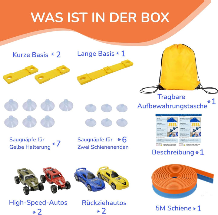 5M Flexible Autorennbahn Set mit 2 Loopings, 2-in-1 Rennbahn mit Autos & Tragtasche, Schwerkraft & P