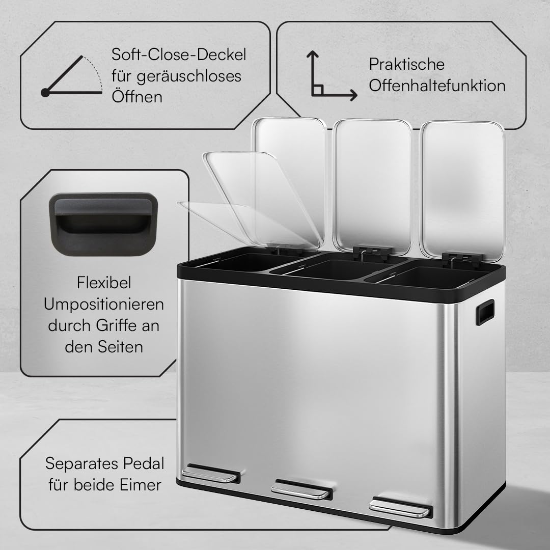 STEELSØN Epsilon Mülleimer 3 Fächer – Mülltrennsystem Küche 3x15L aus Edelstahl Silber – Tretmülleim
