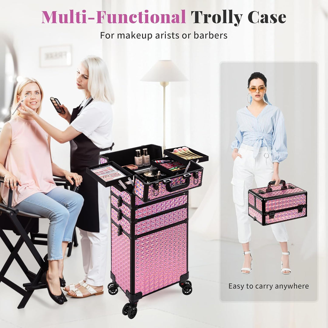 Arous 5-in-1 Profi-Kosmetikkoffer, Aluminium, mit 360° drehbaren Rädern Rosa, Rosa