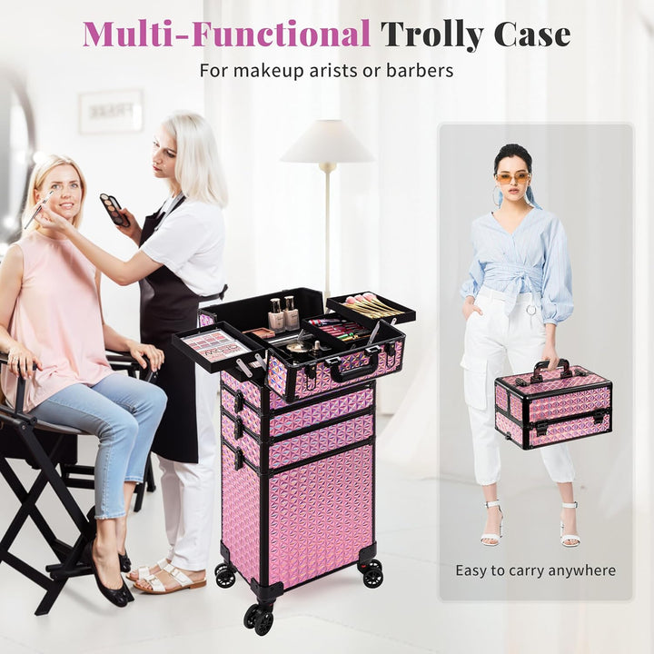 Arous 5-in-1 Profi-Kosmetikkoffer, Aluminium, mit 360° drehbaren Rädern Rosa, Rosa