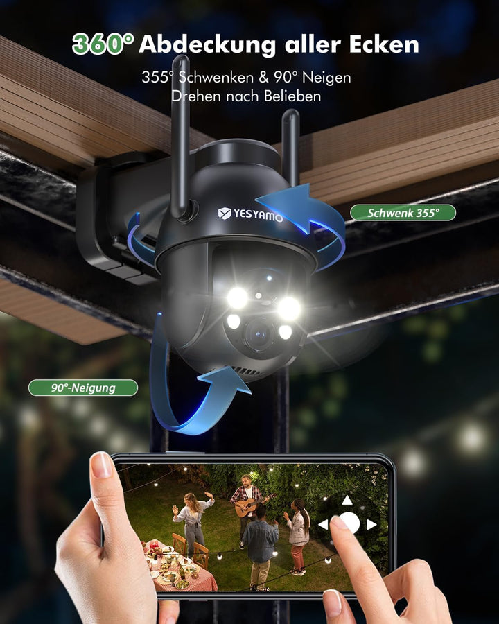 YESYAMO 2K 3MP Überwachungskamera Aussen Solar, 360° PTZ Kamera Aussen Akku | 2.4GHz Kabellos Überwa