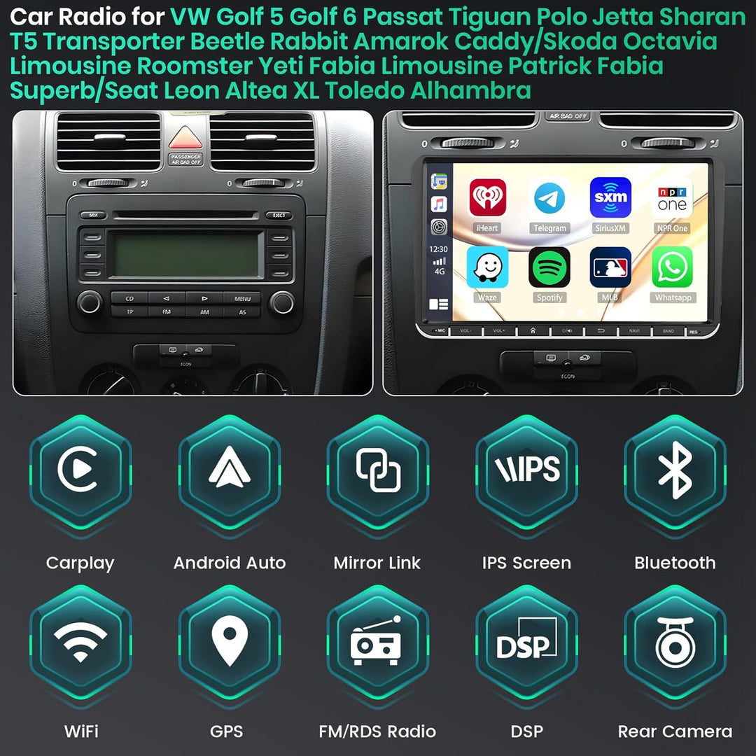 Hikity 8 Core/6+128G Android 15 Autoradio für VW Golf 5 6 Tiguan Caddy Polo Touran mit Wireless CarP