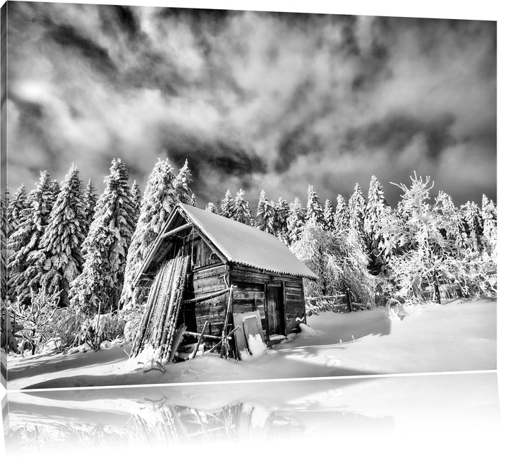 Pixxprint Holzhütte im Schnee / 100x70cm Leinwandbild bespannt auf Holzrahmen/Wandbild Kunstdruck De