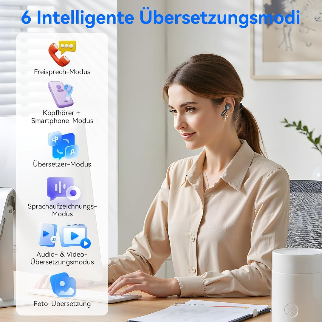 SKARA AI Sprachübersetzer Kopfhörer 3-in-1, Echtzeit Übersetzer Ohrhörer mit ENC Mikrofon & App, 146