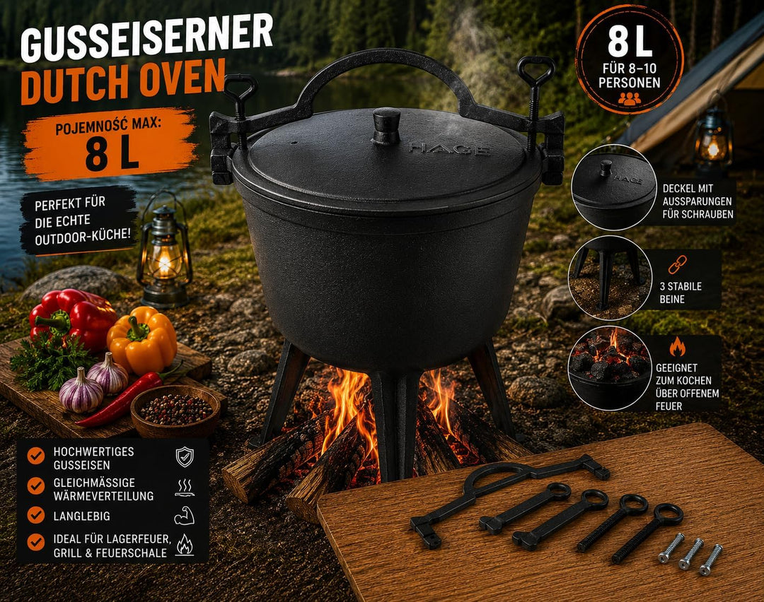HAGE Gulaschkessel Gusseisen 8L mit Deckel und Standfüssen Dutch Oven Feuertopf für Lagerfeuer Grill