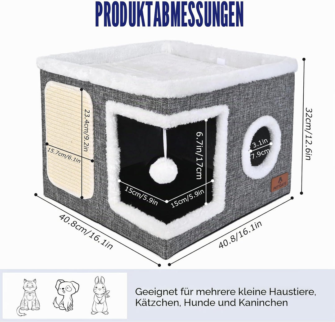 Katzenbetten für Indoor-Katzen, überdachtes Katzenhöhlenbett mit Kratzunterlage und flauschigem Ball