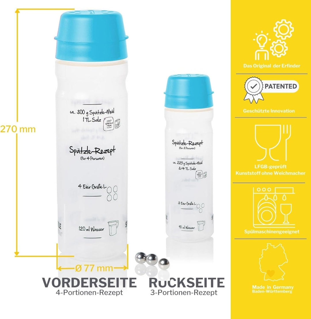 Set für Spätzle: Spätzle-Shaker (BLAU) für 4 Portionen Spätzle (875ml) Das patentierte Original Made
