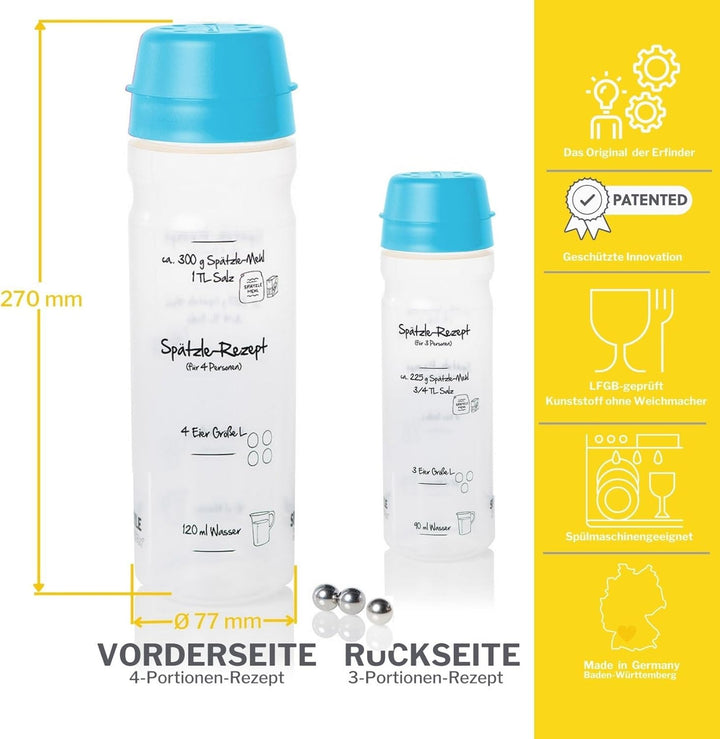 Set für Spätzle: Spätzle-Shaker (BLAU) für 4 Portionen Spätzle (875ml) Das patentierte Original Made