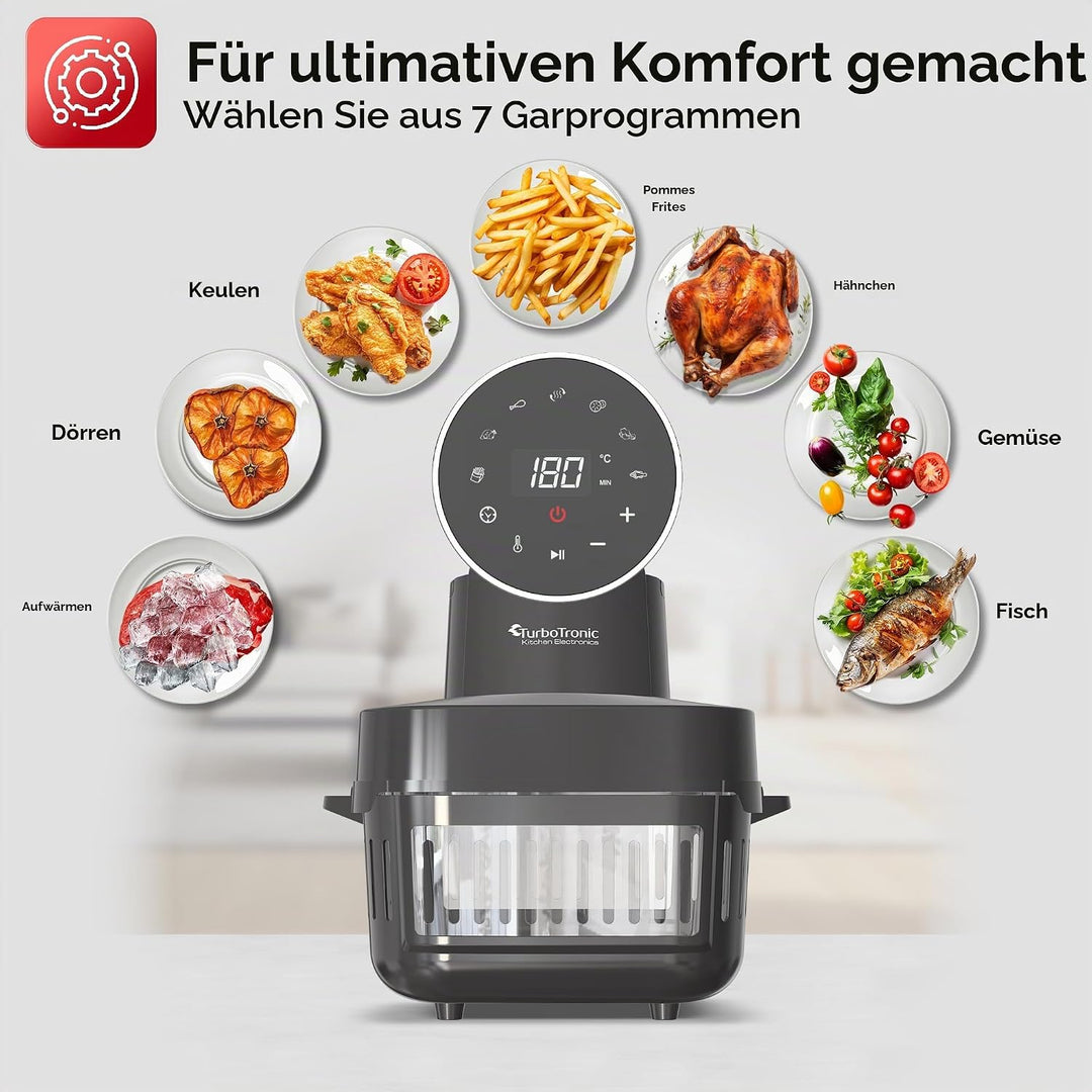 TurboTronic Heissluftfritteuse 6 L - AFG6-1600 W Glas Airfryer – Digitale Heissluft Fritteuse 50–180