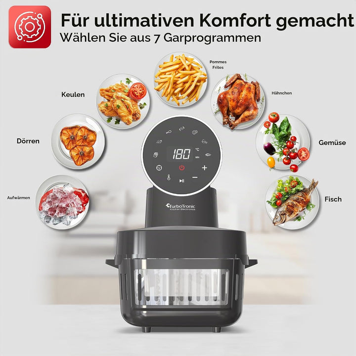 TurboTronic Heissluftfritteuse 6 L - AFG6-1600 W Glas Airfryer – Digitale Heissluft Fritteuse 50–180