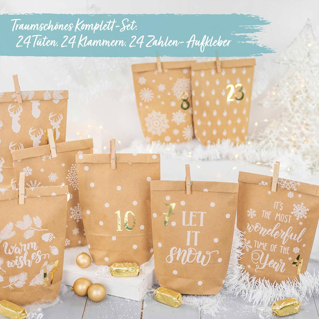 Papierdrachen Adventskalender 2025 zum Befüllen - 24 bedruckte Papiertüten mit Zahlenaufklebern & Kl