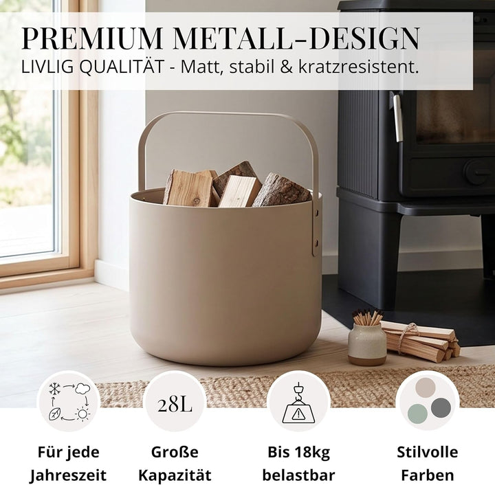 LIVLIG Design Kaminholzkorb Metall, Holzkorb für Kaminholz mit Henkel, Grosser Korb für Kaminholz 36