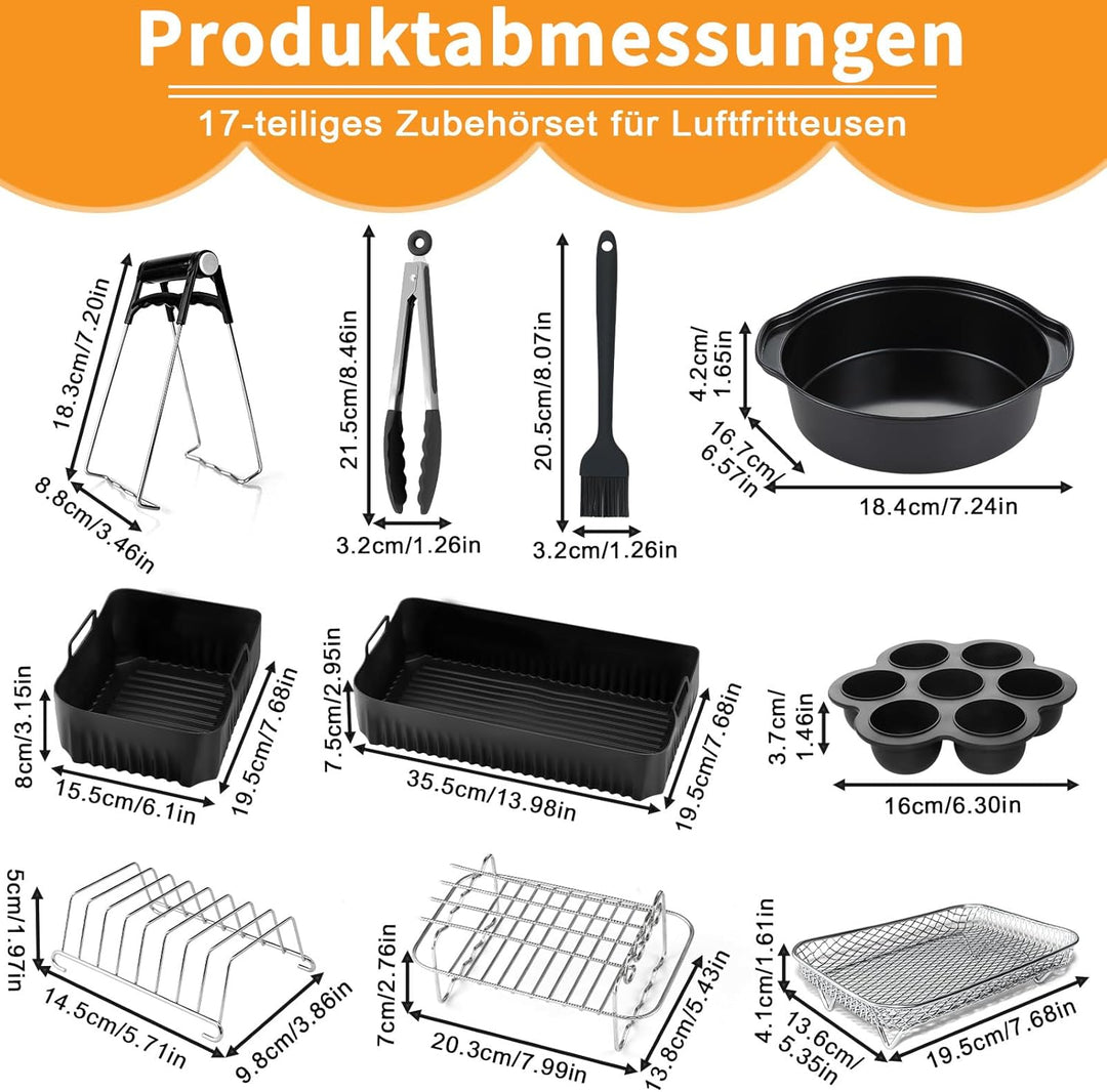 Hunnycook 17P Airfryer Zubehör für Ninja AF500EU Heissluftfritteuse, inklusive 1×10,4L+2×5,2L Airfry