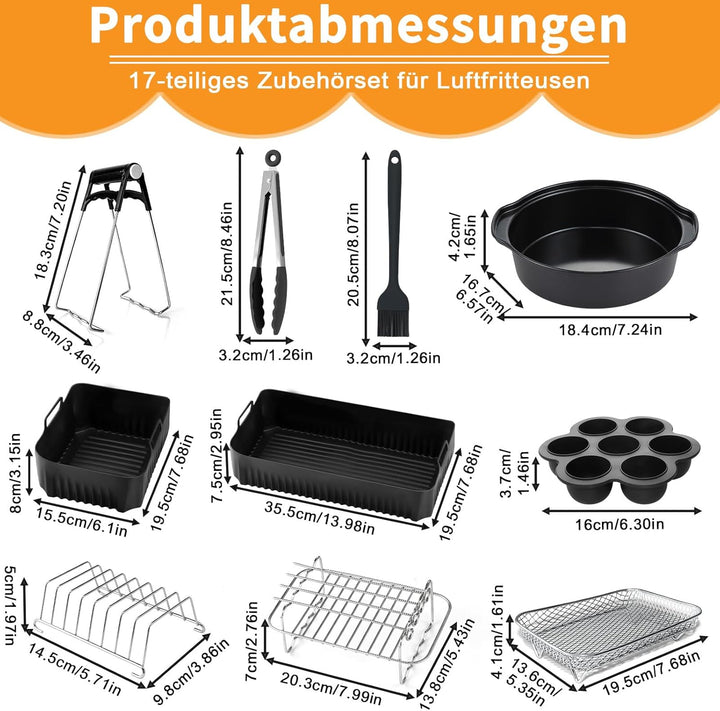 Hunnycook 17P Airfryer Zubehör für Ninja AF500EU Heissluftfritteuse, inklusive 1×10,4L+2×5,2L Airfry