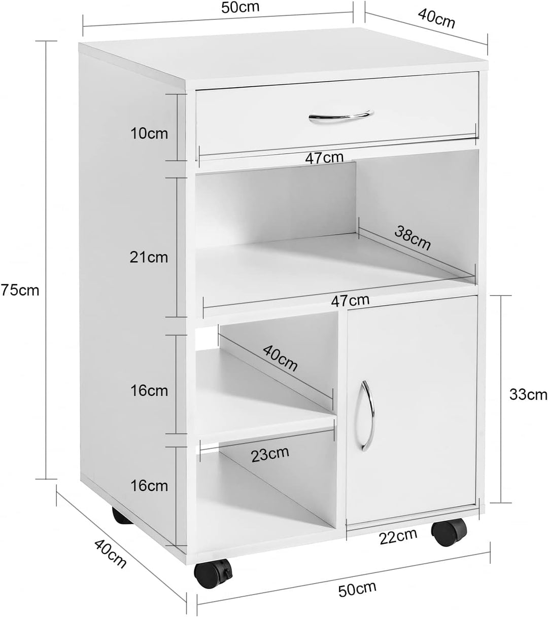 SoBuy FBT106-W Druckertisch mit Schublade und Tür Aktenschrank Rollcontainer mit Fächern Bürowagen B