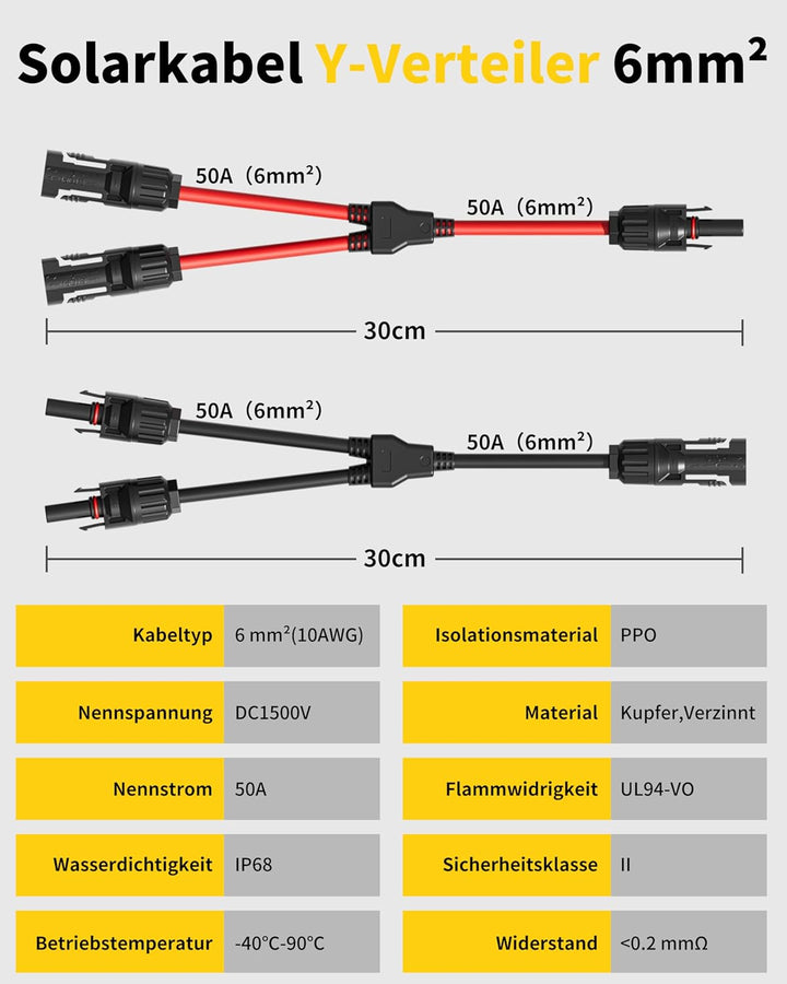 enernova 6 mm² Solarkabel Y Verteiler, 1Y2 Y Stecker Solar Paar, 10AWG Solar Y Kabel (M/MF und F/FM)