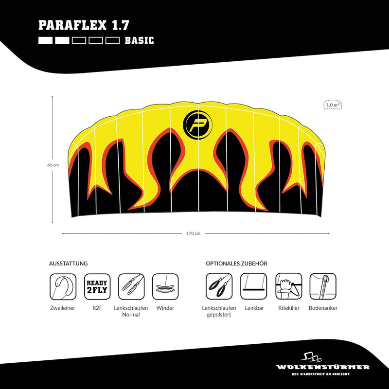 Wolkenstürmer® Paraflex Basic 2-Leiner Lenkmatte 1.7 Flame - Kite Drachen mit Flugschlaufen – Zweile