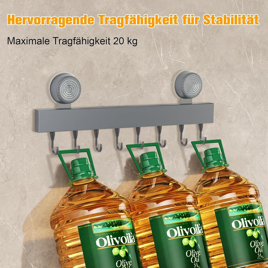 Hakenleiste Küche Ohne Bohren mit 8 Haken, Küchenhaken mit Saugnapf, Küchenhalterung aus Kohlenstoff