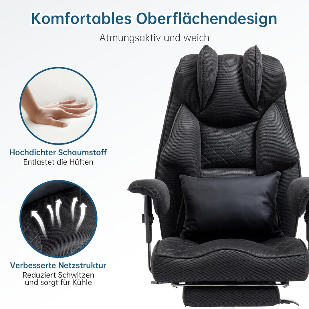 Ergonomischer Bürostuhl 200kg, Chefsessel mit Fussstütze, Schreibtischstuhl mit Lendenkissen, Bequem