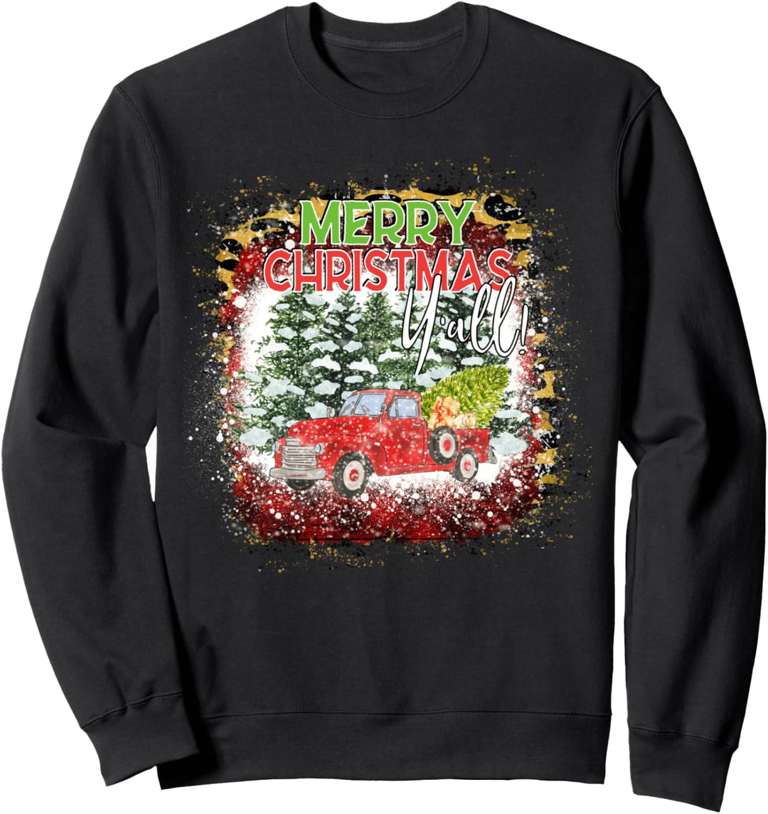 Merry Christmas Y'all Red Truck Vintage Plaid Leopardenmuster Sweatshirt