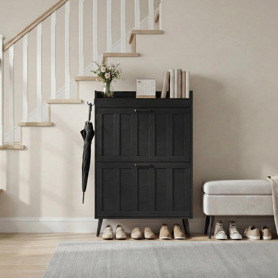 Schuhschrank Schmal mit 2 Klappschubladen, Landhausstil Schuhaufbewahrung für Flur Wohnzimmer, Kipps