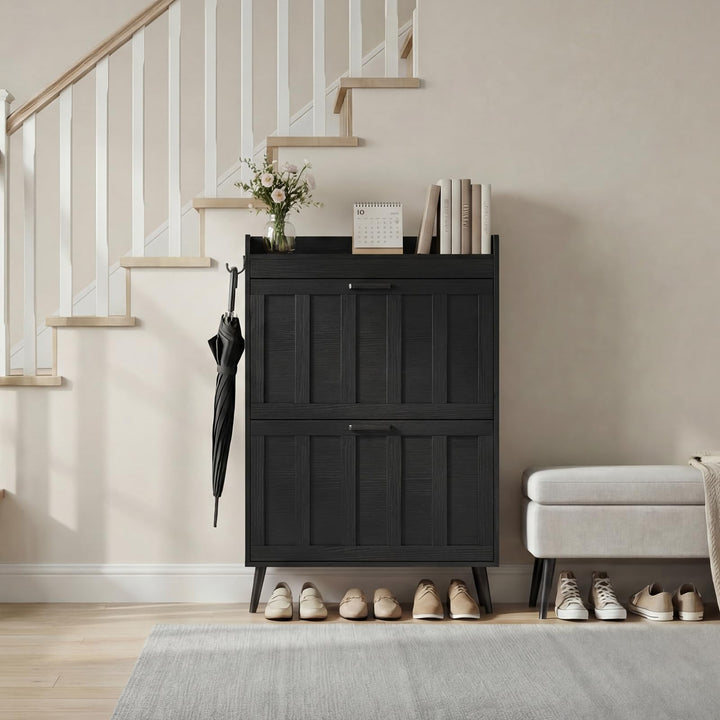 Schuhschrank Schmal mit 2 Klappschubladen, Landhausstil Schuhaufbewahrung für Flur Wohnzimmer, Kipps