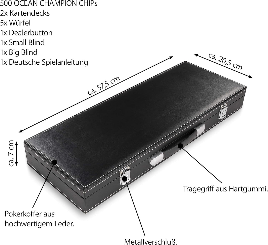 Nexos Trading Pokerkoffer Leder Deluxe mit 500 Ocean Champion Chips abgerundet hochwertige Metallker