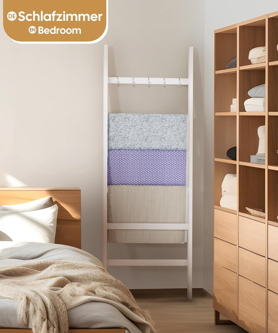 Yorbay Handtuchleiter Bambus 6 Sprossen: Kleiderleiter mit 2 Sturzsicherheitsriemen und 5 Haken - De